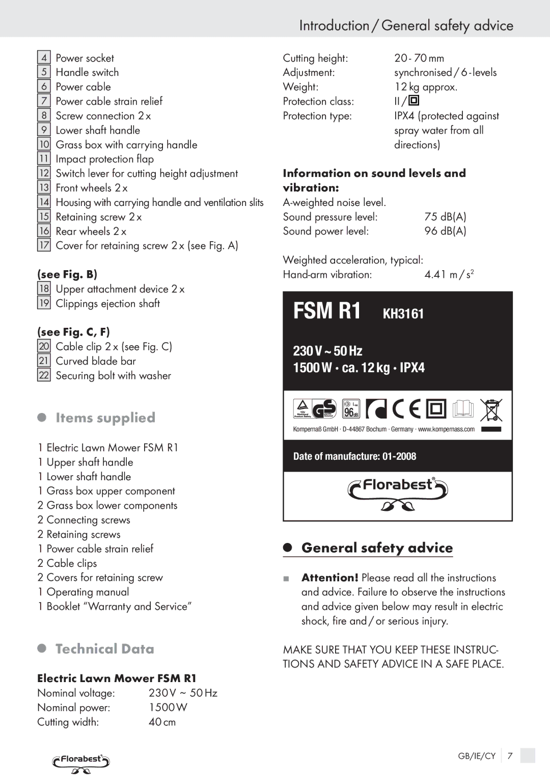 Kompernass FSM R1 manual Introduction / General safety advice, Items supplied, Technical Data 